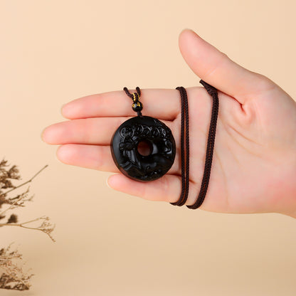 Natural Obsidian Zodiac Peace Buckle Pendant | Spiritual Protection & Fortune Necklace