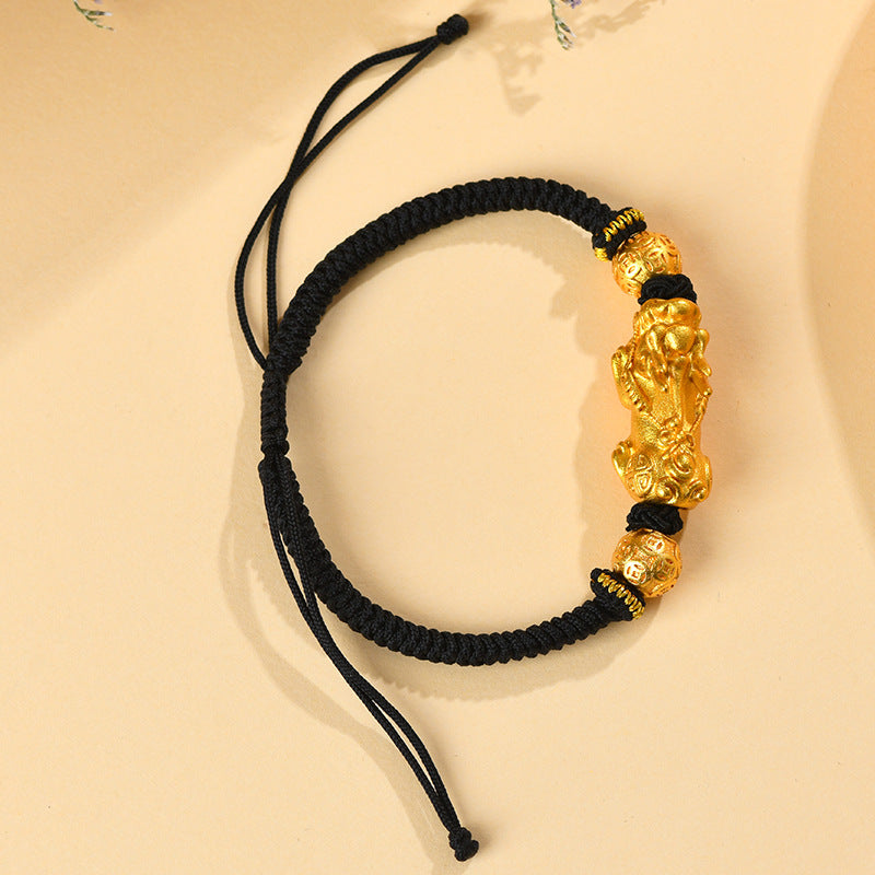 Golden Pixiu Copper Coin Bead Vajra Knot Bracelet - Wealth and Protection Charm