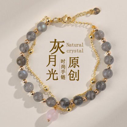 Natural Gray Moonstone & Labradorite Double-Layer Bracelet - Women's Elegant Crystal Jewelry