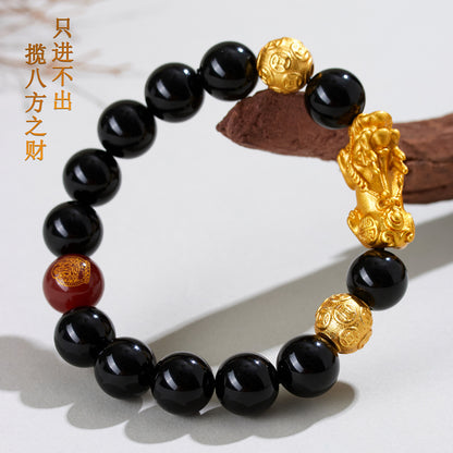 Natural Obsidian Gold Pixiu Zodiac Buddha Bracelet for Wealth Protection and Spiritual Harmony