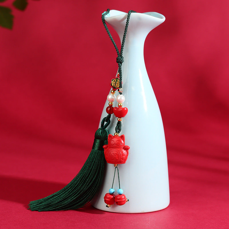 Imperial Red Natural Cinnabar Lucky Cat Charm - Phone & Car Mirror Pendant for Fortune