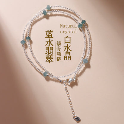 Natural White Crystal & Blue Water Jade Collarbone Necklace | Elegant Extension Chain for Women