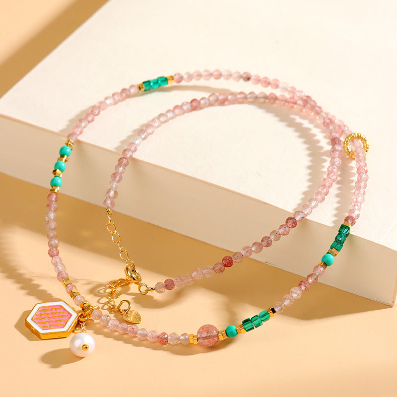 Natural Strawberry Crystal Faceted Necklace | Elegant Light Luxury Collarbone Choker for Love & Luck