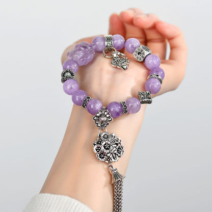 Lavender Amethyst Nine-Tailed Fox Bracelet with Flower Ball Tassel - Artistic Retro Romantic Women's Jewelry
