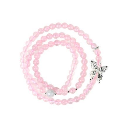 Natural Pink Quartz Aquamarine Butterfly Three-Circle Love Bracelet for Women