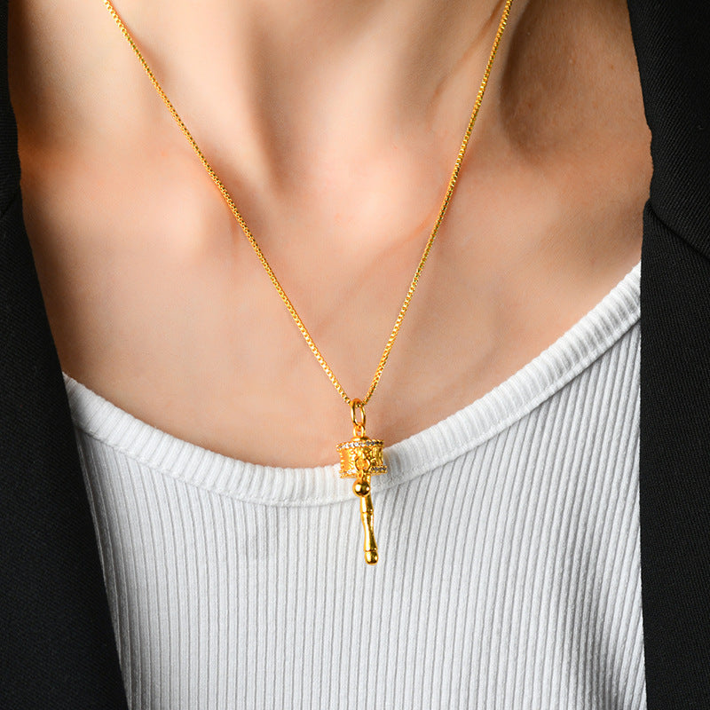 Golden Tibetan Prayer Wheel Rotatable Pendant Necklace for Spiritual Blessings