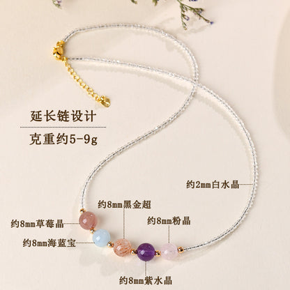 Natural Crystal Multi-Gem Collarbone Necklace with Strawberry Quartz and Aquamarine | Spiritual Energy Jewelry