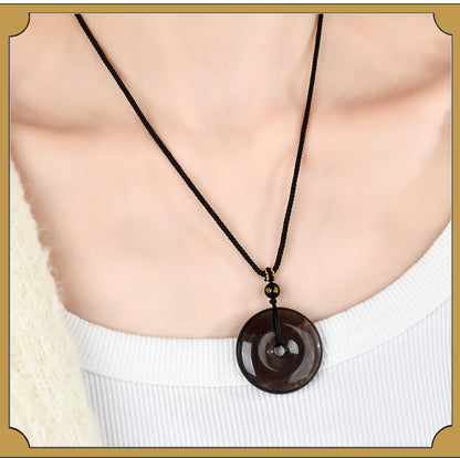 Natural Obsidian White Agate Peace Buckle Pendant - Chinese Style Zodiac Harmony Necklace