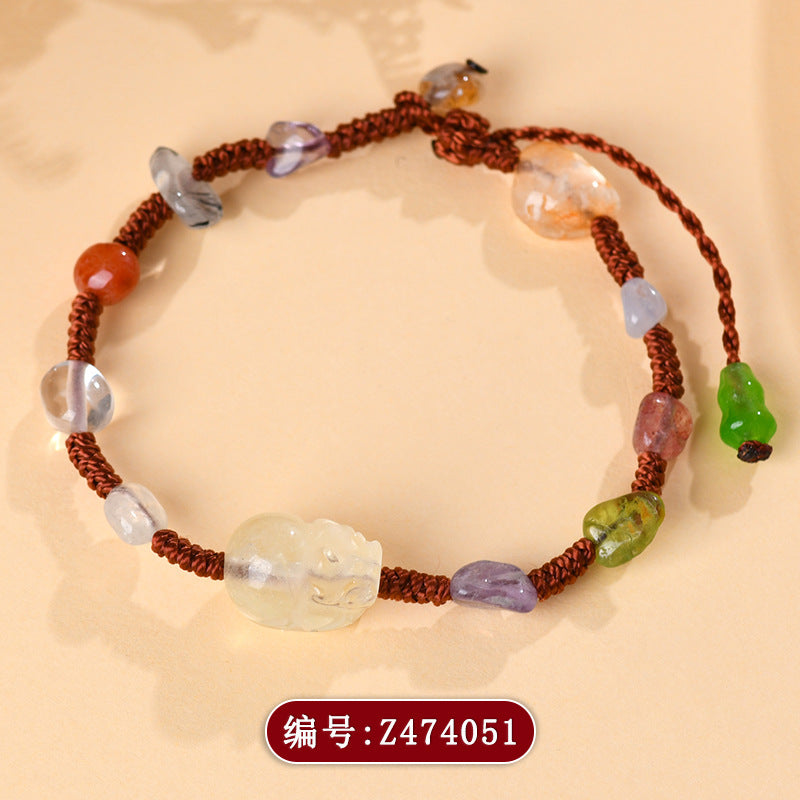 Natural Yellow Crystal Pixiu Bracelet with Crushed Gemstones | Wealth Attraction Handwoven Amulet