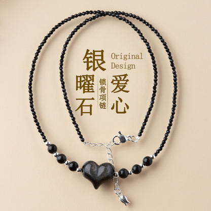 Natural Silver Obsidian Heart Necklace | Adjustable Collarbone Chain for Women