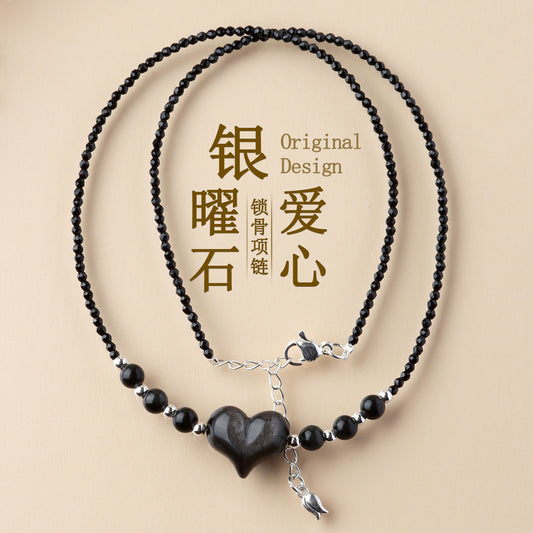 Natural Silver Obsidian Heart Necklace | Adjustable Collarbone Chain for Women