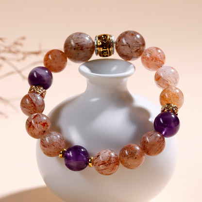 Natural Black Gold Super Amethyst Bracelet with Six-Word Mantra | Spiritual Wisdom & Protection