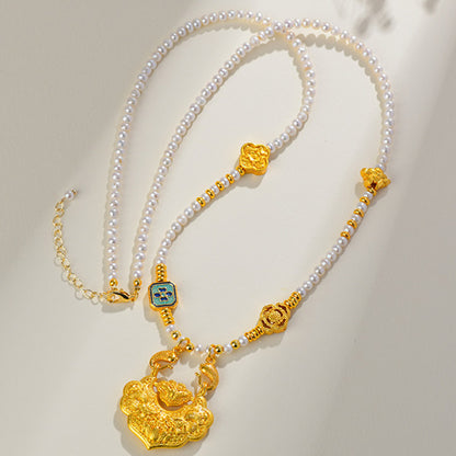 Natural Freshwater Pearl Koi Peace Lock Necklace | Auspicious Chinese Style Collarbone Chain