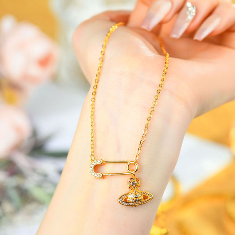 Golden Saturn Pin Necklace | 3D Planet Design Fashion Clavicle Chain
