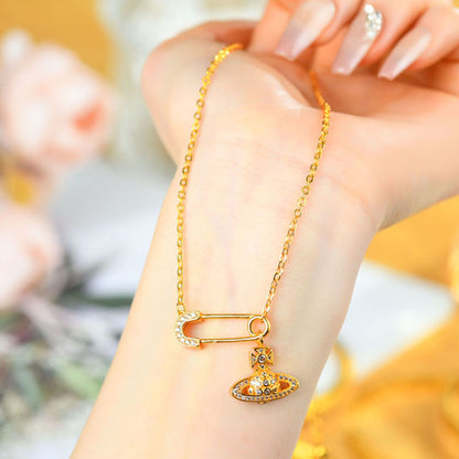 Golden Saturn Pin Necklace | 3D Planet Design Fashion Clavicle Chain