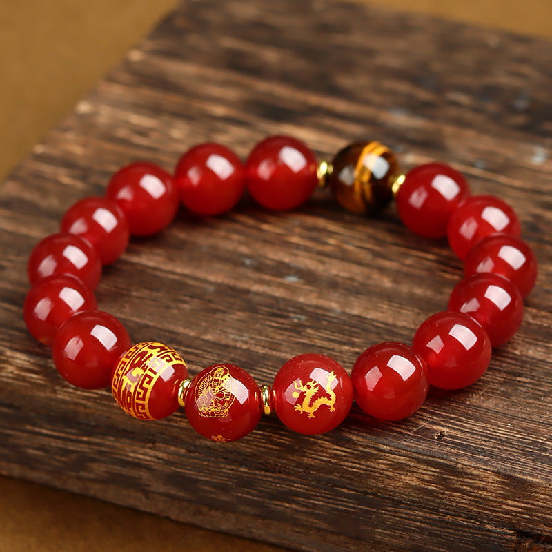 Natural Obsidian Zodiac Guardian Buddha Bracelet with Tiger Eye & Agate - Six-Word Mantra Spiritual Protection