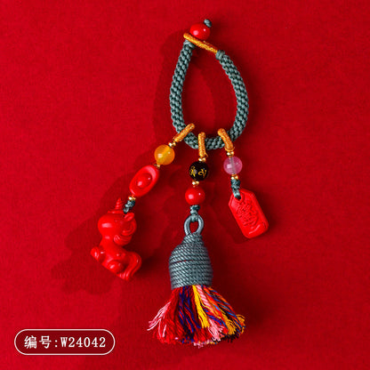 Imperial Red Cinnabar Zodiac Horse Keychain Pendant - Protection & Prosperity Talisman