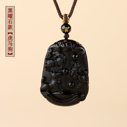 Natural Ice Obsidian Zodiac Triad Pendant Necklace｜Birth Year Protection & Harmony