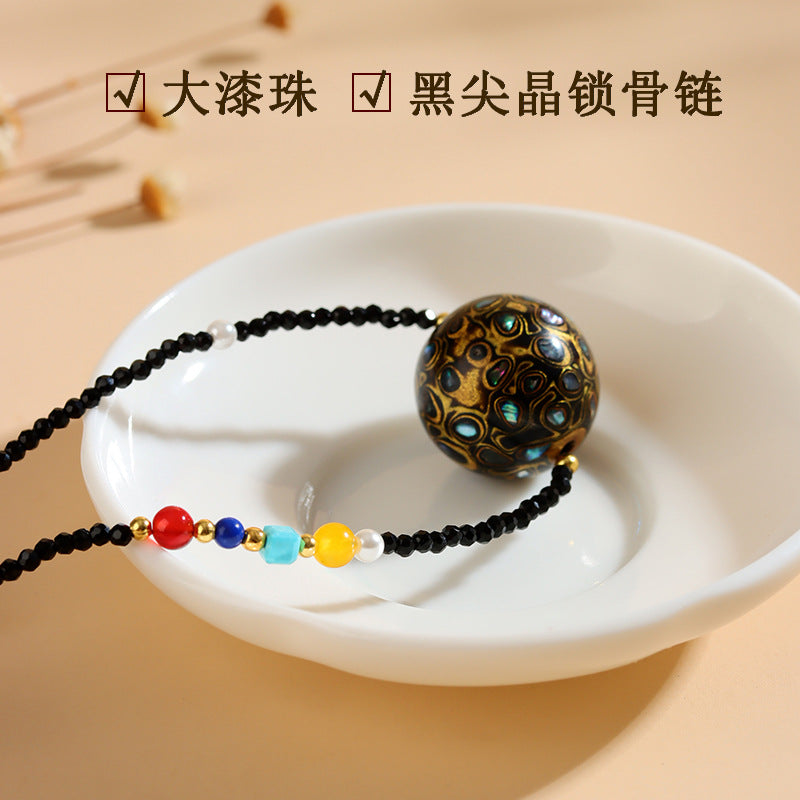 Mother-of-Pearl Lacquer Bead Black Spinel Collarbone Necklace | Intangible Heritage Craft Elegance