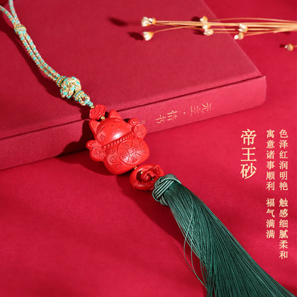 Natural Cinnabar Lucky Cat Car Charm | Imperial Red Sand Amulet for Wealth & Safe Travels