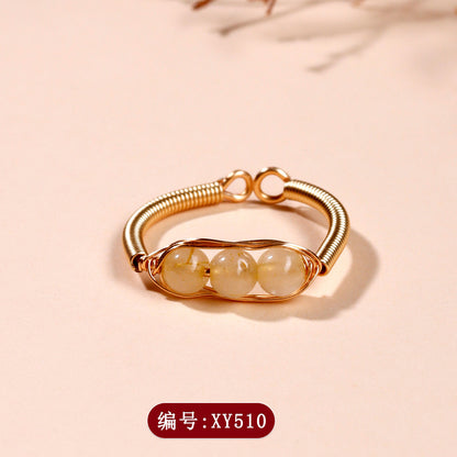 Handmade Crystal Agate Ring with Yellow Rutilated Quartz and Moonstone - Open Wire Wrapped Design for Wealth and Protection
