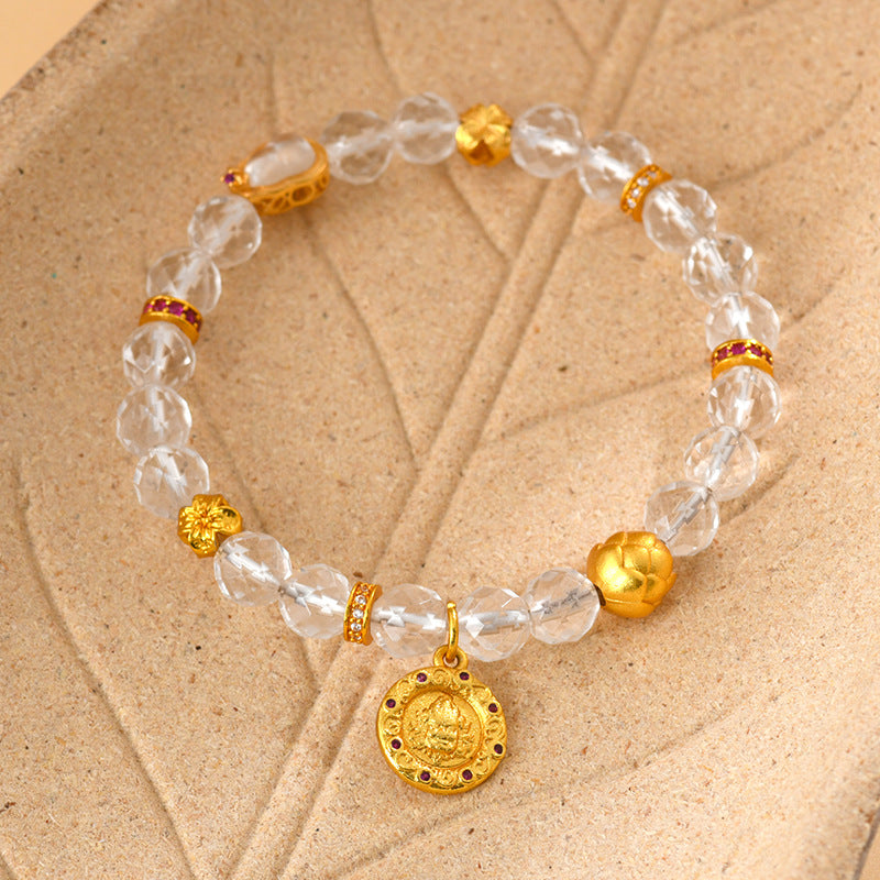 Faceted White Crystal Wealth God Lotus Bracelet - Golden Prosperity & Spiritual Protection