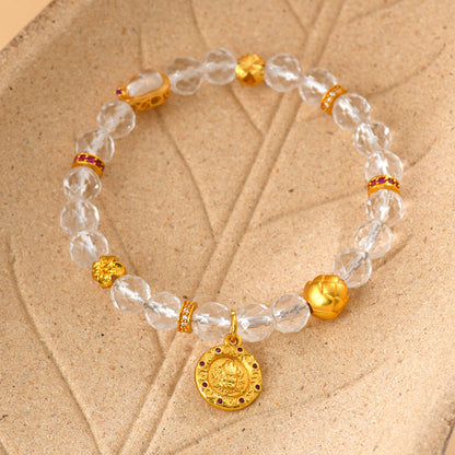 Faceted White Crystal Wealth God Lotus Bracelet - Golden Prosperity & Spiritual Protection
