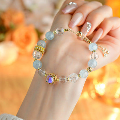 Aquarius Zodiac Crystal Bracelet | Natural White Crystal & Aquamarine Beads for Cosmic Energy