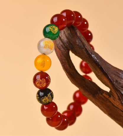 Natural Red Agate Five-Way Wealth God Bracelet | Fortune Attraction Spiritual Jewelry