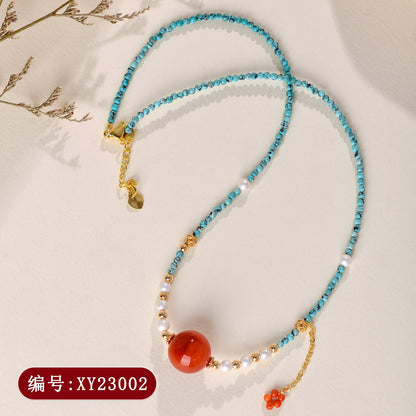 Natural Turquoise and Red Agate Collarbone Chain - Women's Spiritual Protection Necklace