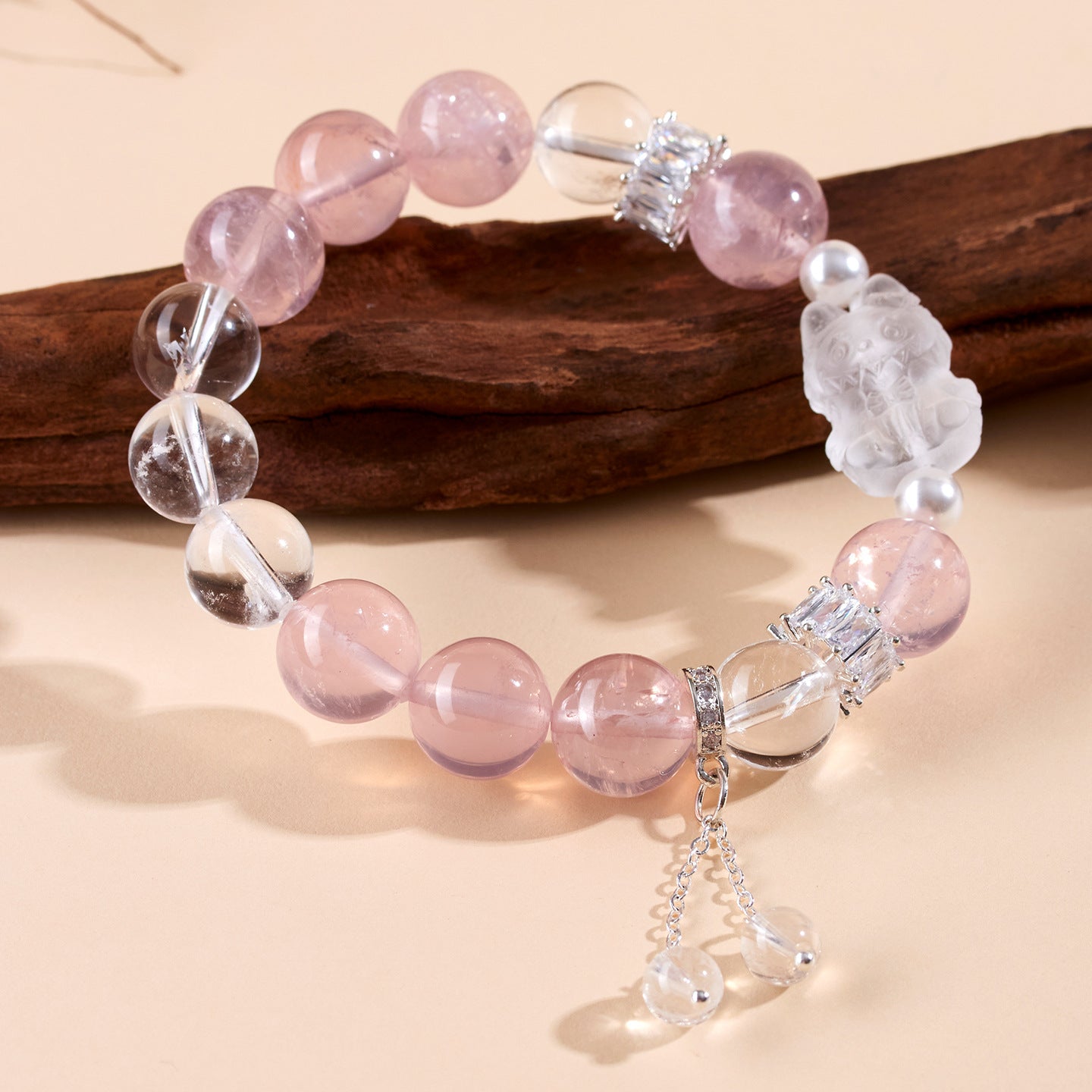 Natural Pink White Crystal LABUBU Bracelet - Peach Aura Love Energy Women's Fashion Jewelry