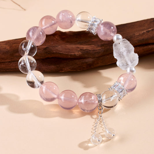 Natural Pink White Crystal LABUBU Bracelet - Peach Aura Love Energy Women's Fashion Jewelry