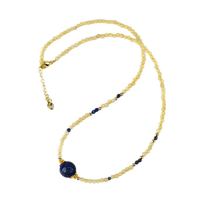 Natural Golden Rutilated Quartz Lapis Lazuli Collarbone Necklace | Wealth & Wisdom Talisman for Women