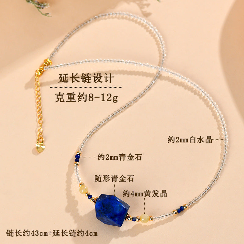 Natural White Crystal Lapis Lazuli Yellow Rutilated Quartz Collarbone Necklace | Spiritual Energy Protection & Wealth Attraction