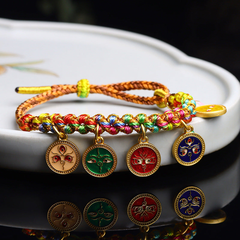 Handwoven Peach Blossom Knot Five-Way God of Wealth Tibetan Thangka Bracelet for Prosperity