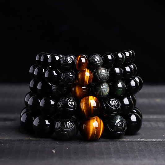 Natural Obsidian Gold-Swallowing Pixiu Double Color Tiger Eye Stone Bracelet for Wealth & Protection