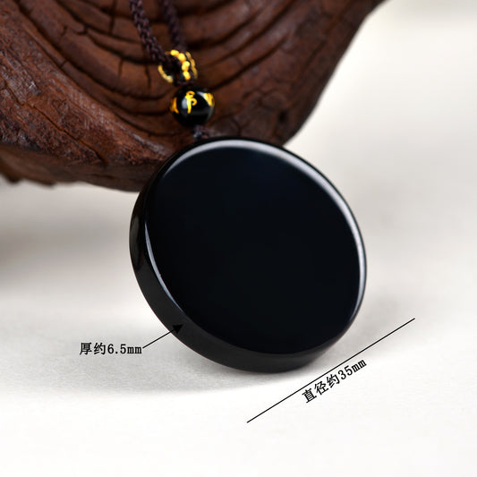Natural Obsidian Round Pendant Necklace for Zodiac Year Protection and Peace