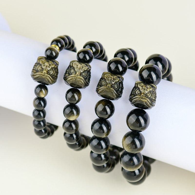 Golden Obsidian Double Color Eye Bracelet with Awakening Lion - Chinese Style Spiritual Protection Jewelry