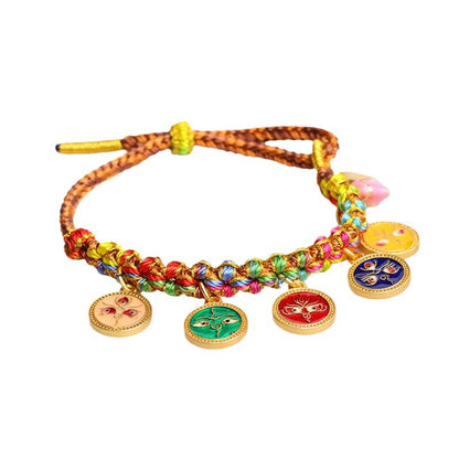 Handwoven Peach Blossom Knot Five-Way God of Wealth Tibetan Thangka Bracelet for Prosperity