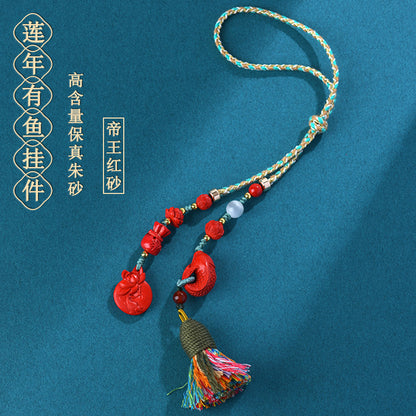 Natural Cinnabar Lotus Prosperity Car Pendant Keychain - Wealth & Protection Talisman