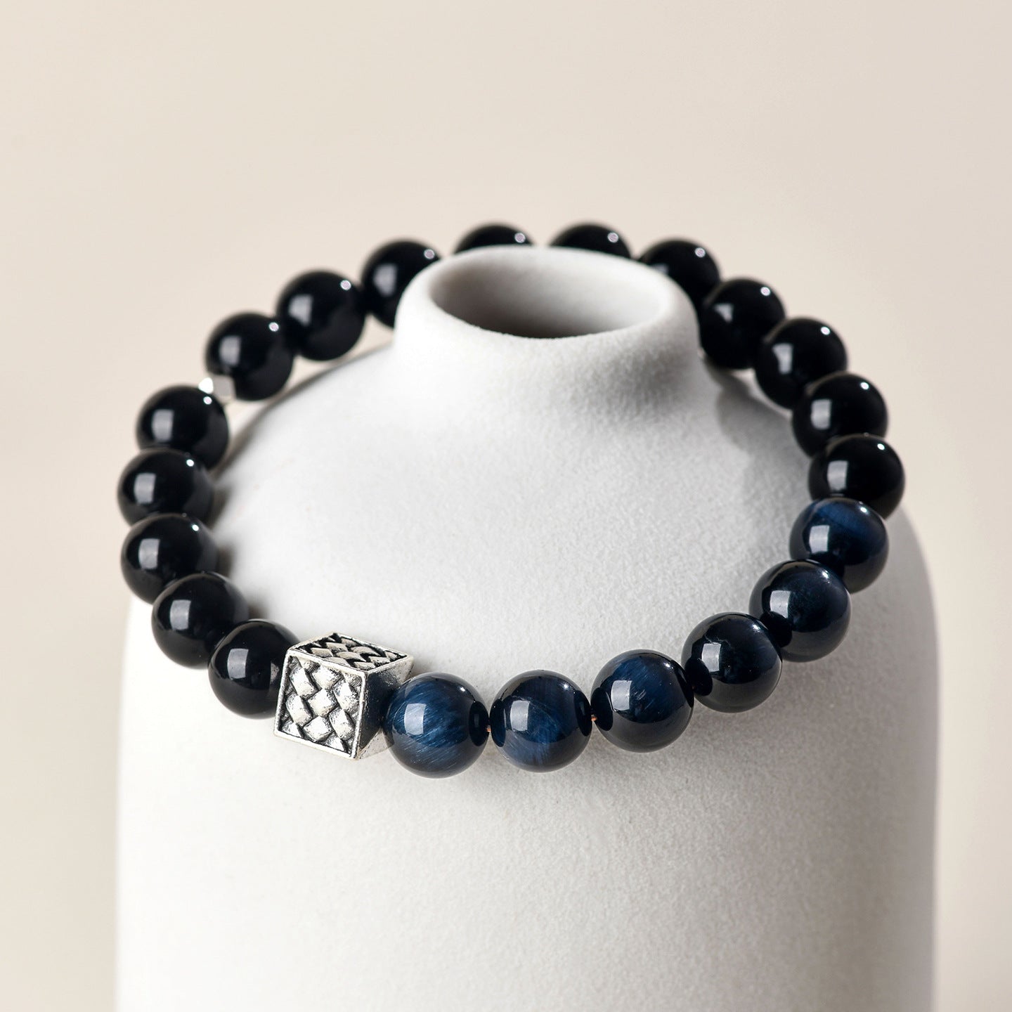 Natural Obsidian Blue Tiger Eye Bracelet | Chinese Style Buddhist Bead for Zodiac Year Protection
