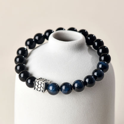 Natural Obsidian Blue Tiger Eye Bracelet | Chinese Style Buddhist Bead for Zodiac Year Protection