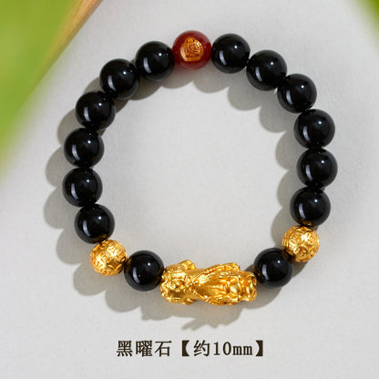 Natural Obsidian Gold Pixiu Zodiac Buddha Bracelet for Wealth Protection and Spiritual Harmony