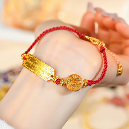 Golden Tai Sui Five Directions Wealth God Woven Bracelet - Tibetan Style Red Rope for Prosperity