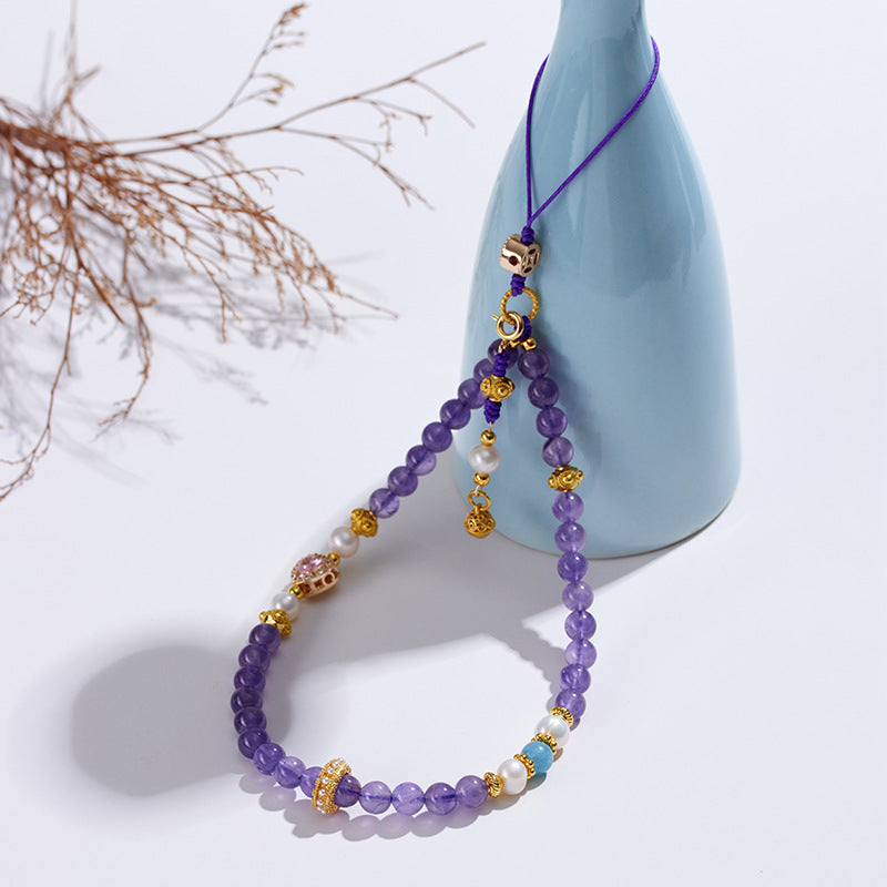 Natural Amethyst Pearl Phone Chain - Chinese Style Feng Shui Pendant for Protection and Luck