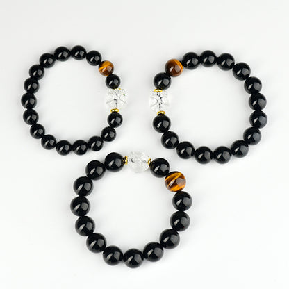 Natural Obsidian Bracelet with White Crystal Lion Awakening - Unisex Spiritual Protection Beaded Jewelry