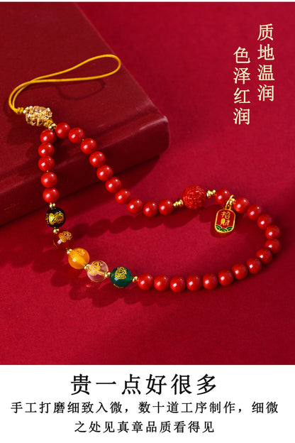 Imperial Red Cinnabar Five-Way God of Wealth Phone Charm - Natural Mineral Pendant for Wealth Attraction