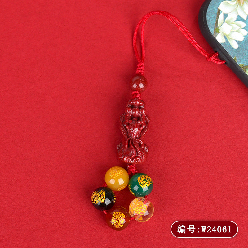 Natural Purple Gold Cinnabar Pixiu Five Road God of Wealth Pendant for Phone and Keys