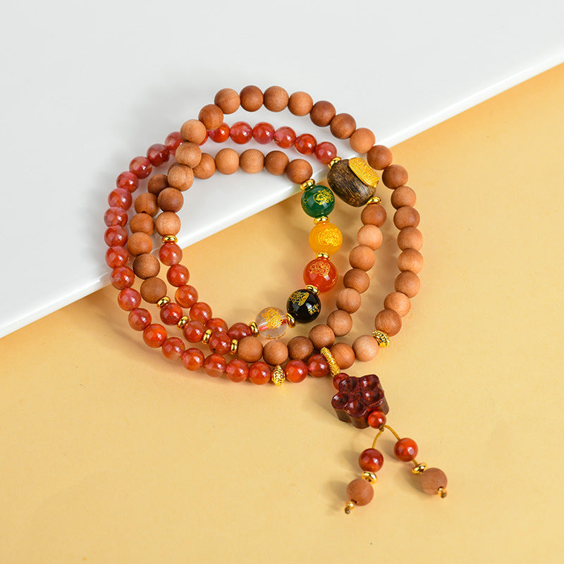 Sandalwood Southern Red Agate Five-Way Wealth God Bracelet | Ancient Chinese Retro Talisman