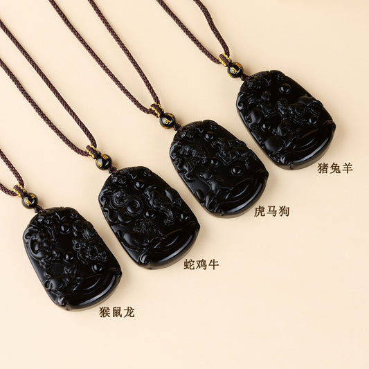 Natural Ice Obsidian Zodiac Triad Pendant Necklace｜Birth Year Protection & Harmony